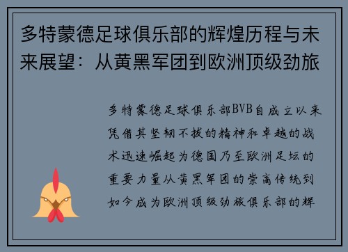 多特蒙德足球俱乐部的辉煌历程与未来展望：从黄黑军团到欧洲顶级劲旅