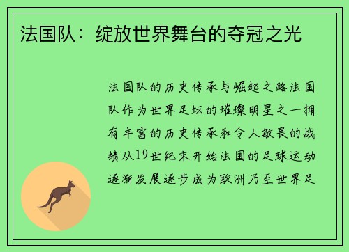 法国队：绽放世界舞台的夺冠之光