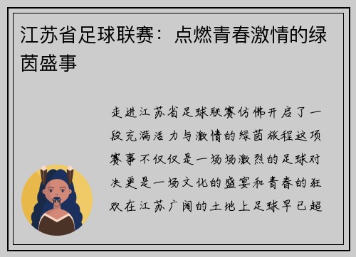 江苏省足球联赛：点燃青春激情的绿茵盛事