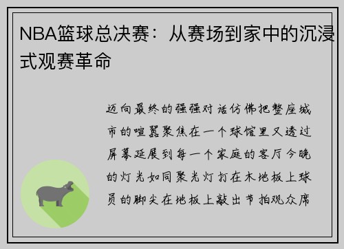 NBA篮球总决赛：从赛场到家中的沉浸式观赛革命