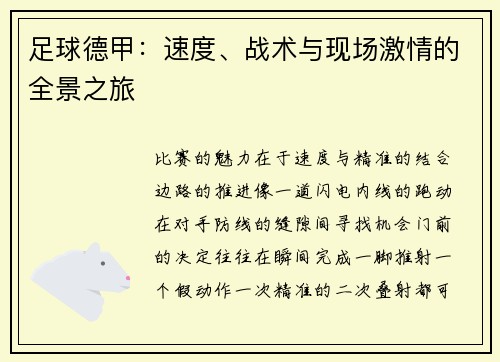 足球德甲：速度、战术与现场激情的全景之旅