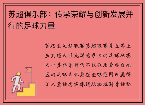 苏超俱乐部：传承荣耀与创新发展并行的足球力量